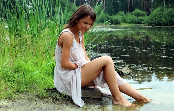 Summer, girl, river, beauty