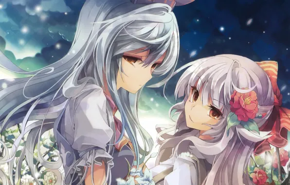 Starry sky, flower in hair, Touhou Project, Fujiwara no Mokou, Project East, two girls, long …