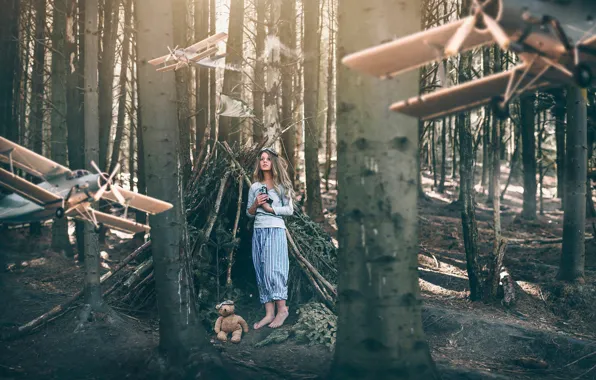 Picture forest, girl, fantasy, art, bear, aircraft, the hut