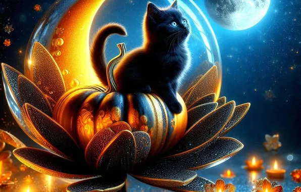 Autumn, cat, flower, look, water, night, lights, pose