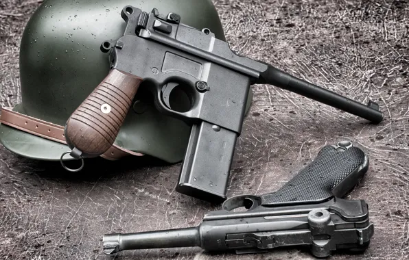 Picture guns, helmet, P08, Luger, Mauser C96