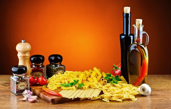 Picture oil, pepper, banks, tomatoes, spices, pasta