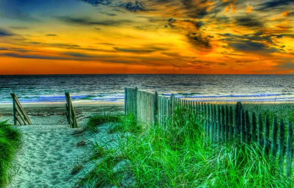 Picture sand, sea, the sky, grass, clouds, sunset, the fence