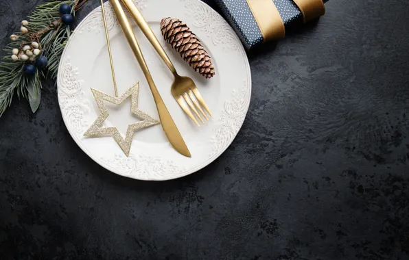 The dark background, box, star, plate, Christmas, knife, New year, plug
