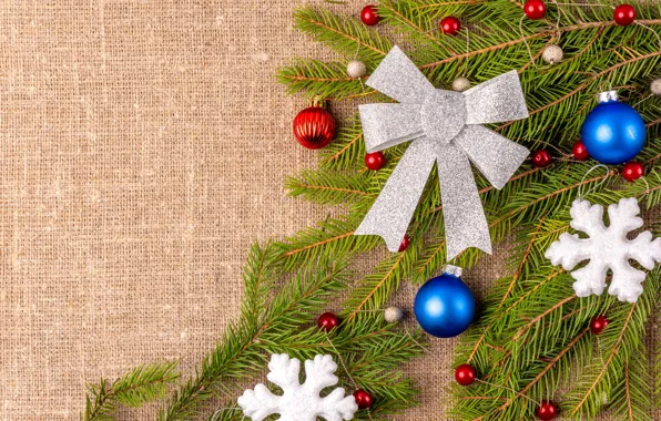 Balls, snowflakes, branches, Christmas, New year, needles, bow, burlap