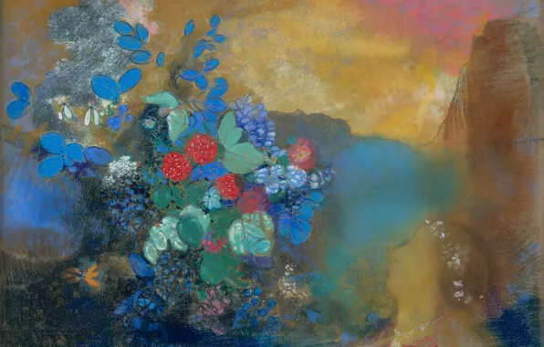Picture, symbolism, Ophelia among the flowers, Odilon Redon, Odilon Redon