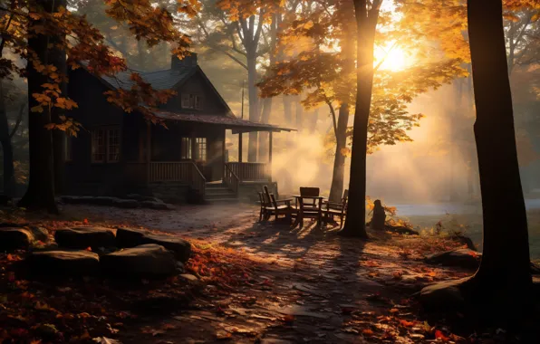 Autumn, forest, the sun, light, trees, fog, house, Park