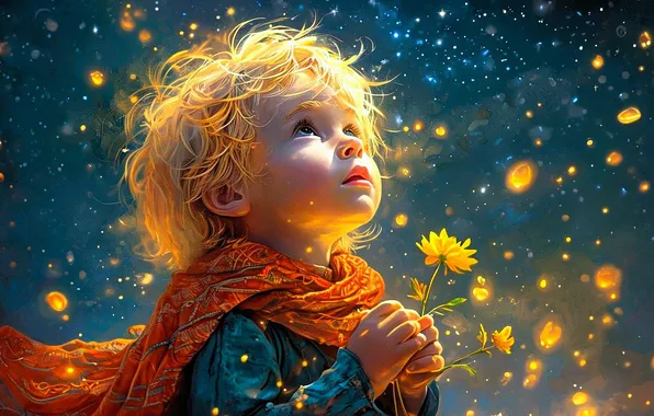 Picture flower, dreams, dandelion, child, surprise, lights, scarf, digital art