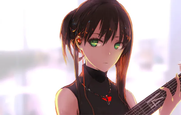Earrings, music, girl, guitar, amulet, art, green eyes