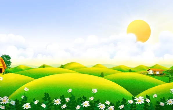Summer, the sun, flowers, chamomile, meadow, art, house