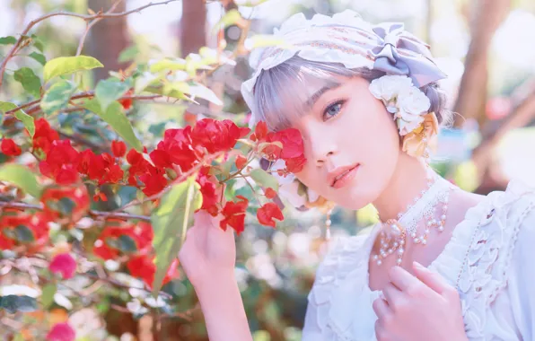 Picture summer, girl, light, flowers, branches, nature, portrait, garden