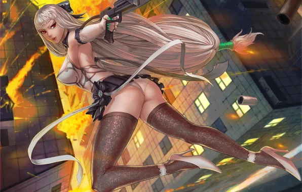 Ass, chest, girl, the explosion, house, gun, fire, hair