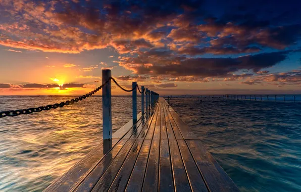 Sea, the sky, the sun, clouds, rays, the ocean, fence, chain