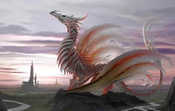 The sky, river, dragon, stone, valley, horizon, sky, stone