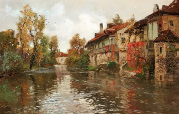 Picture Norwegian painter, 1903, Frits Thaulov, Frits Thaulow, Norwegian impressionist painter, Along the river, Beaulieu, Beaulieu
