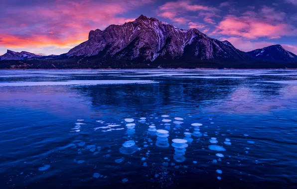 Clouds, mountains, blue, shore, ice, pond