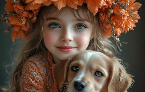 Flowers, portrait, dog, girl, puppy, wreath, AI art, neural network
