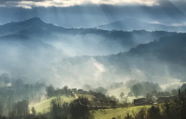 Clouds, rays, mountains, house, hills, field, Italy