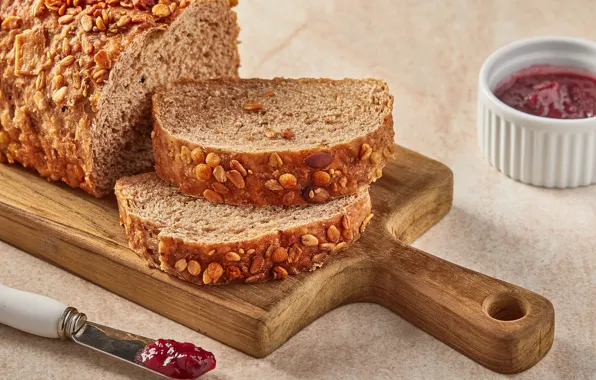 Table, bread, knife, pieces, jam, jam, cutting, cutting Board