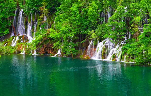 Greens, trees, lake, rocks, waterfall, Croatia, Plitvice Lakes