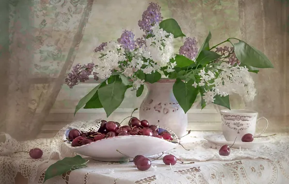 Picture cherry, lilac, composition