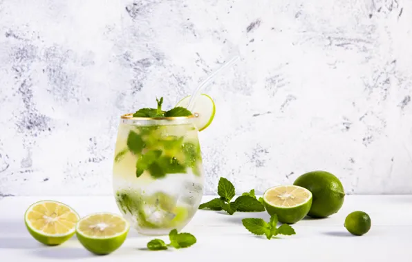 Glass, lime, citrus, mint, lemonade