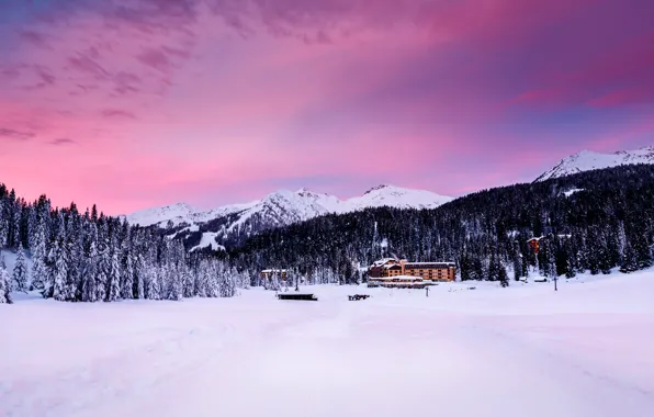 Snow, trees, mountains, nature, building, tree, home, the evening