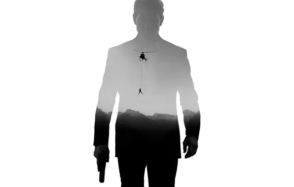 Gun, silhouette, white background, black and white, helicopter, action, poster, Tom Cruise