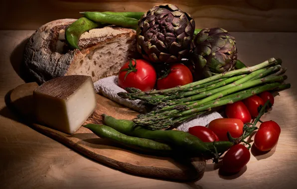 Table, Board, towel, cheese, bread, still life, vegetables, tomatoes