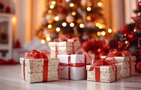 Lights, room, Christmas, gifts, red, New year, white, bows