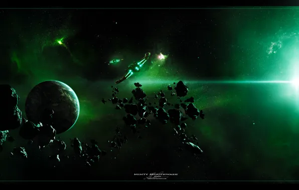 Picture nebula, planet, ships, asteroids