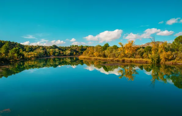 Picture autumn, the sky, clouds, reflection, trees, lake, Nature, sky