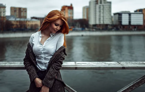 Girl, the city, background, Russia, redhead, George Chernyadev, Puzzlement