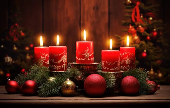 Decoration, balls, candles, New Year, Christmas, red, new year, Christmas