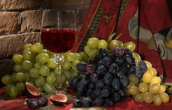 Berries, wine, glass, brick, grapes, still life, shawl, figs