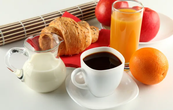 Picture apples, coffee, orange, Breakfast, milk, juice, Cup, white