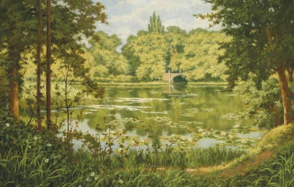 Picture French painter, Forest lake, French painter, Henri Biva, Henri Biwa, A woodland lake