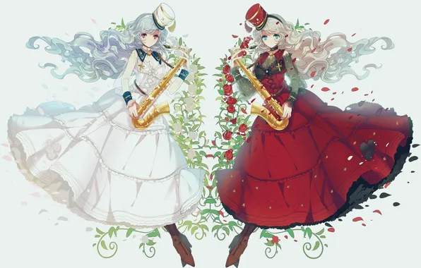 Picture flowers, girls, roses, hat, anime, petals, art, saxophone