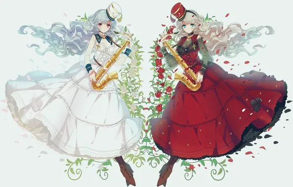 Flowers, girls, roses, hat, anime, petals, art, saxophone