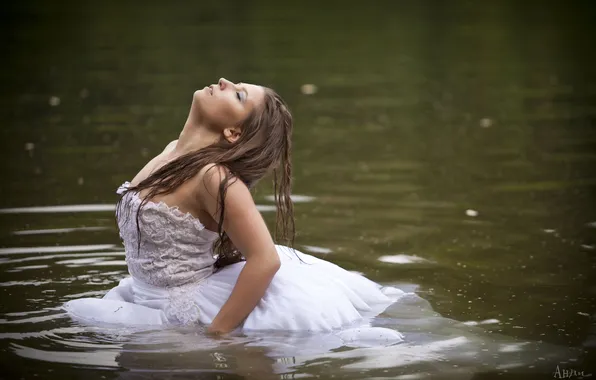 Lake, Girl, wet, shatenka, in a white dress, Andi