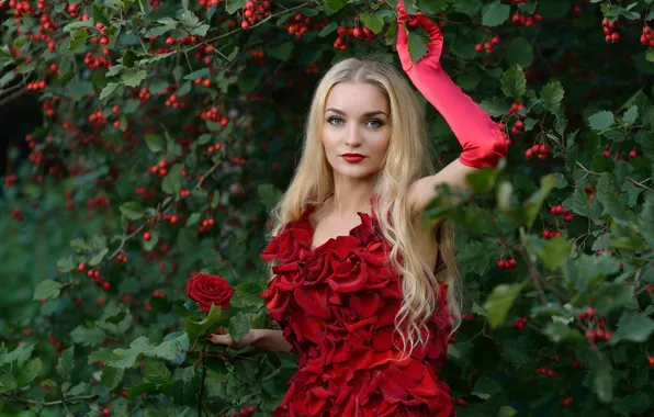 Flower, leaves, girl, nature, berries, rose, Bush, makeup