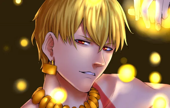 Night, lights, anime, art, guy, blonde, Gilgamesh, Fate Grand Order