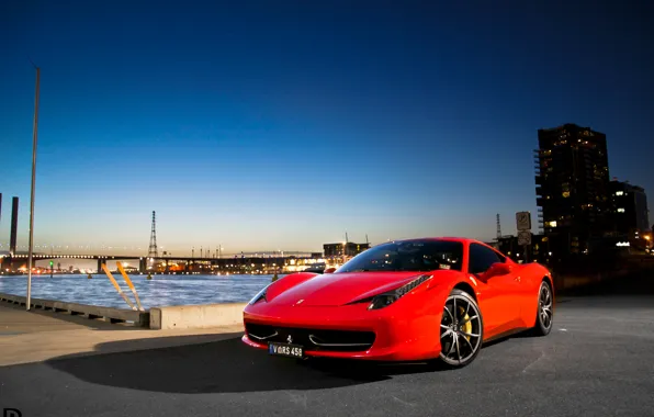 Picture the sky, bridge, the city, lights, red, ferrari, Ferrari, Italy