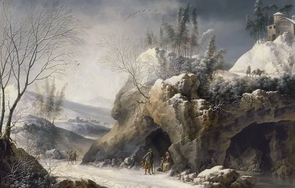 Road, rocks, picture, Francesco Foschi, Winter Landscape with a Peasant Family