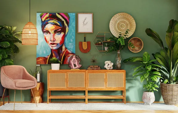 Design, green, style, interior, plants, chair, pictures, the scenery