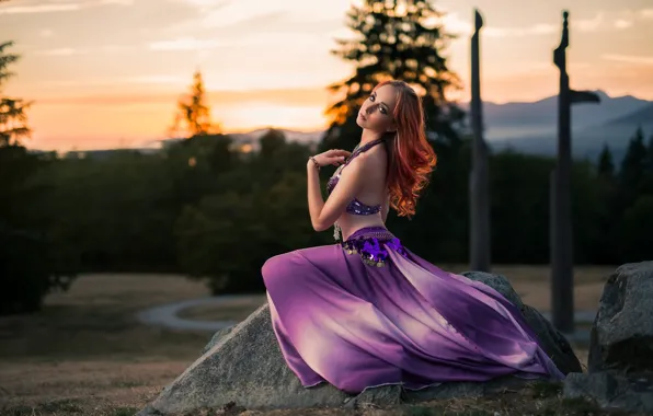 Look, decoration, trees, landscape, sunset, mountains, pose, stones