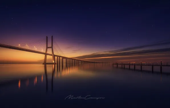 The sky, water, bridge, lights, the evening, Portugal