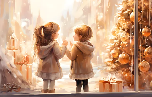 Children, Christmas, New year, Tree, Two, Girls, Gifts, Digital art