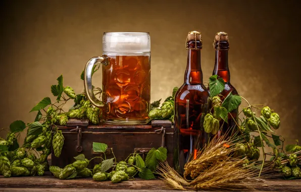 Glass, leaves, table, background, two, beer, alcohol, mug