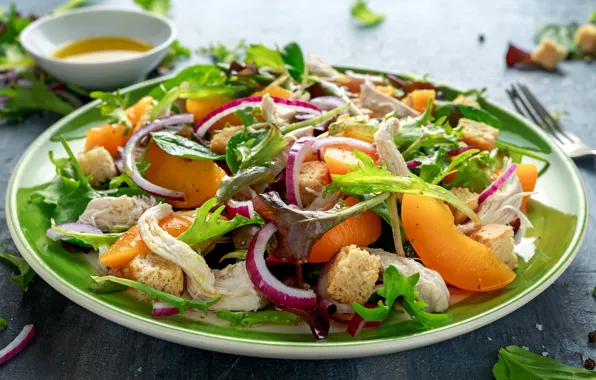 Greens, meat, peaches, salad